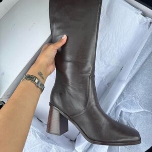 Nine West Womens Dortha Brown Leather Block Heel Knee-High Boots Shoes NWT